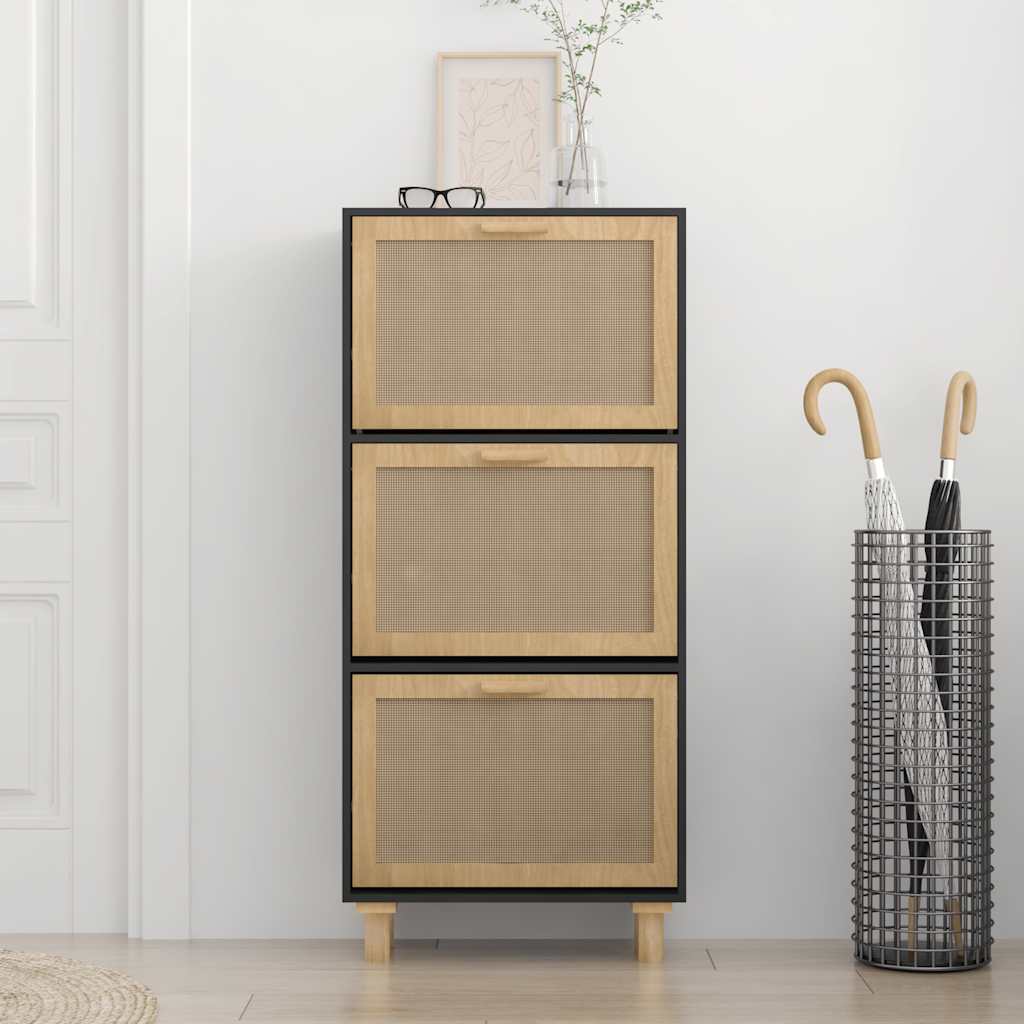 Vidaxl Cabinet da scarpe 52x25x115 cm Properped legno e rattan nero