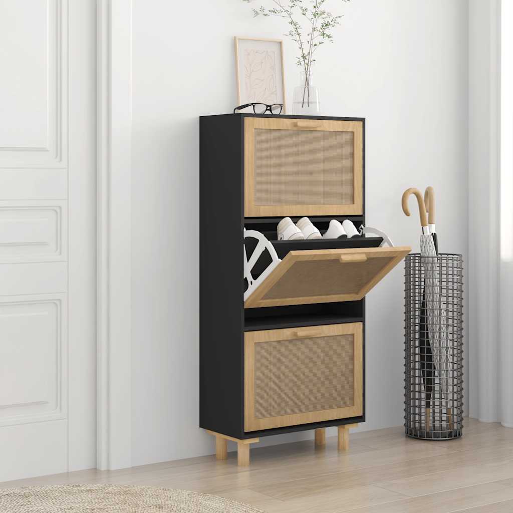 Vidaxl Cabinet da scarpe 52x25x115 cm Properped legno e rattan nero