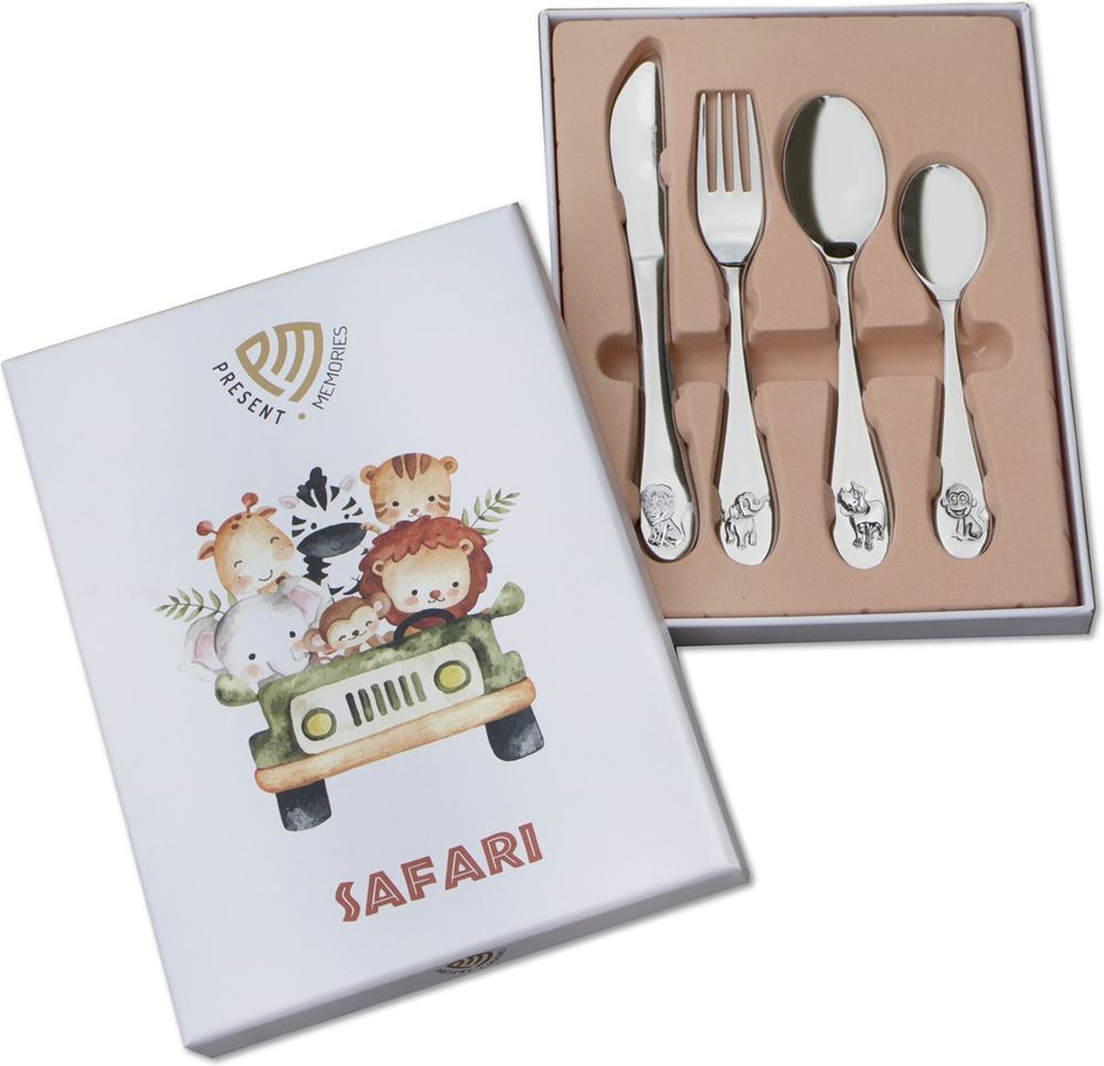 Posate per bambini - 4 pezzi - safari - argento