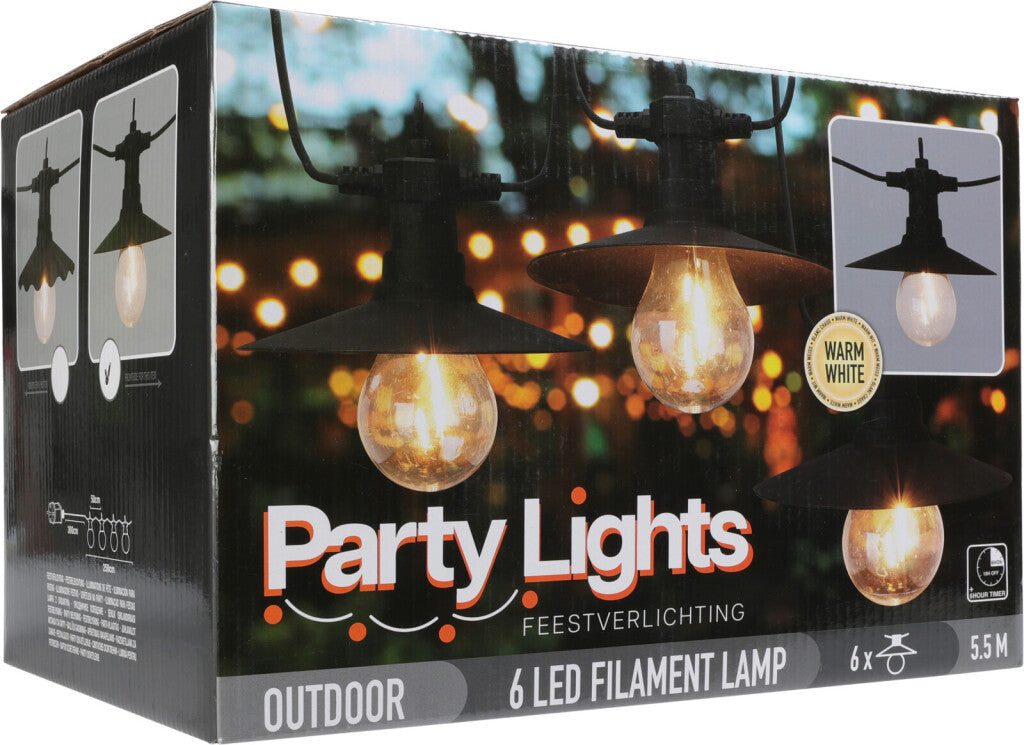 Luci professionali per feste in giardino, illuminazione per esterni, 6 lampade a filamento LED, bianco caldo, 5,5 metri, illuminazione per feste per esterni