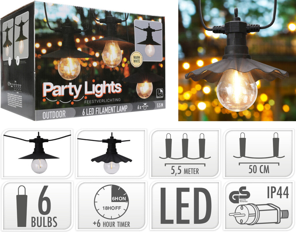 Luci professionali per feste in giardino, illuminazione per esterni, 6 lampade a filamento LED, bianco caldo, 5,5 metri, illuminazione per feste per esterni