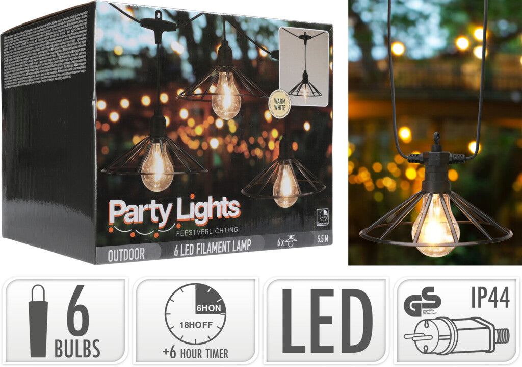 Excellent houseware pro garden party lights vintage LED string light 6 filament lamps with industrial basket 5.5m IP44