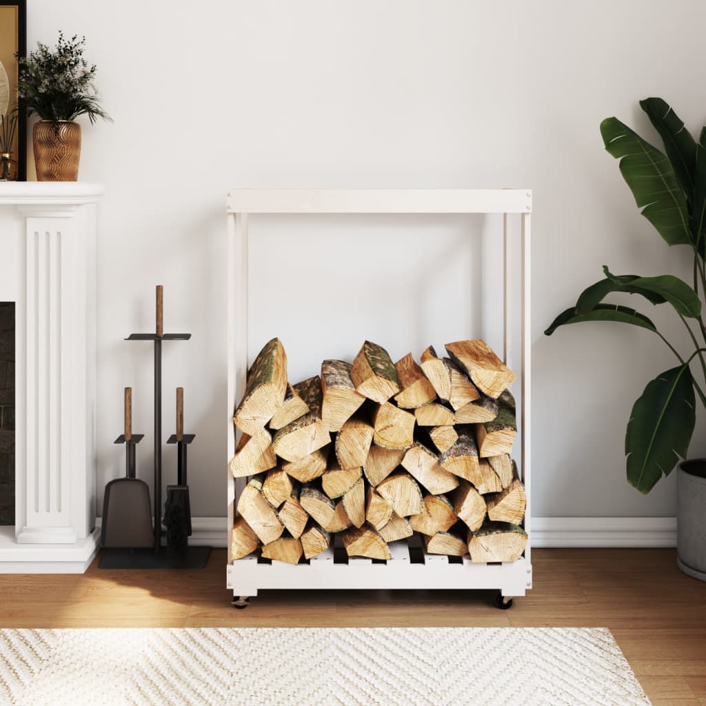 Soporte de bloques de madera Vidaxl con ruedas 76.5x40x108 cm Pino sólido blanco blanco