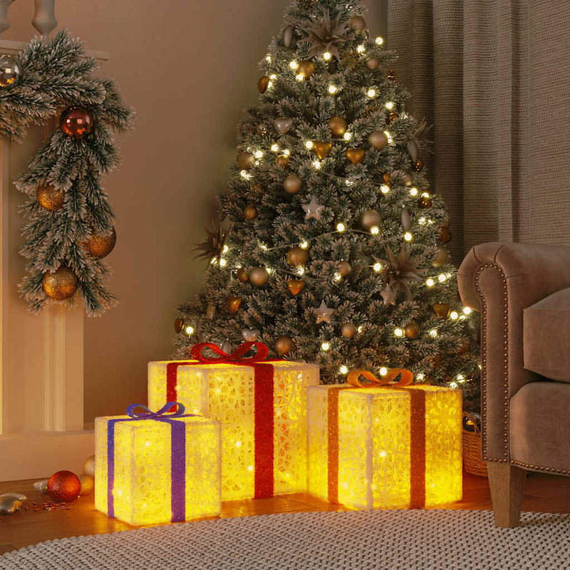 Vidaxl Caja de regalo de figura navideña 3 st Lighten 64 LED de blanqueo cálido