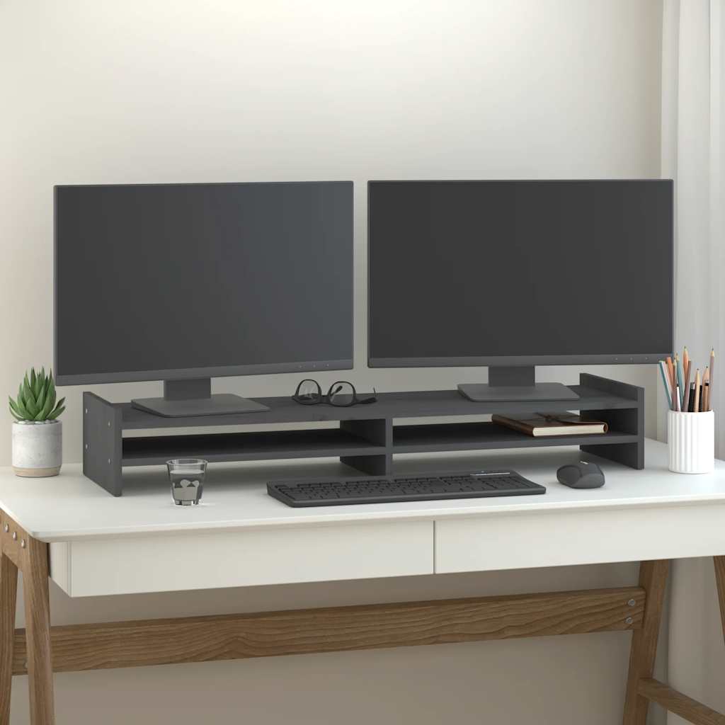 Vidaxl monitorstandaard 100x27x15 cm massief grenenhout grijs