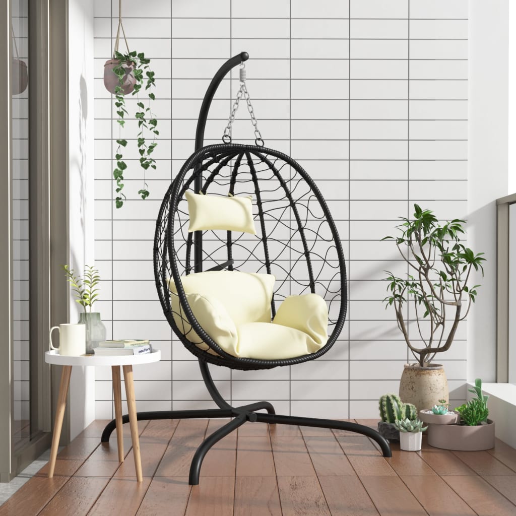 Vidaxl hangende ei-stoel met kussen crèmewit poly rattan staal