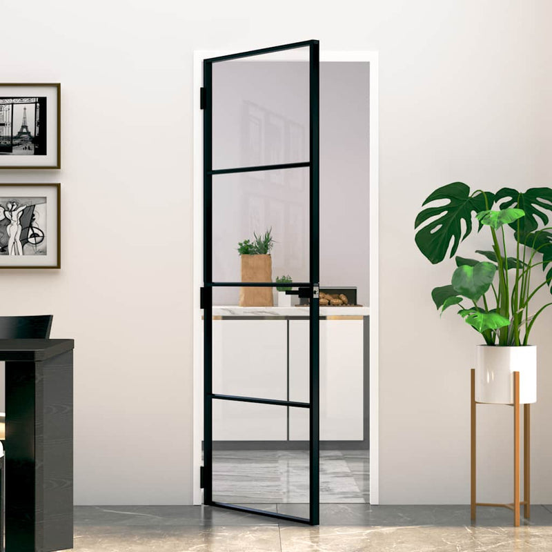Vidaxl puerta interior 76x201.5 cm de vidrio endurecido y aluminio negro estrecho