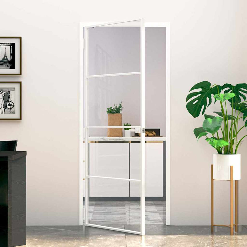 Vidaxl puerta interior 83x201.5 cm de vidrio endurecido y aluminio blanco estrecho