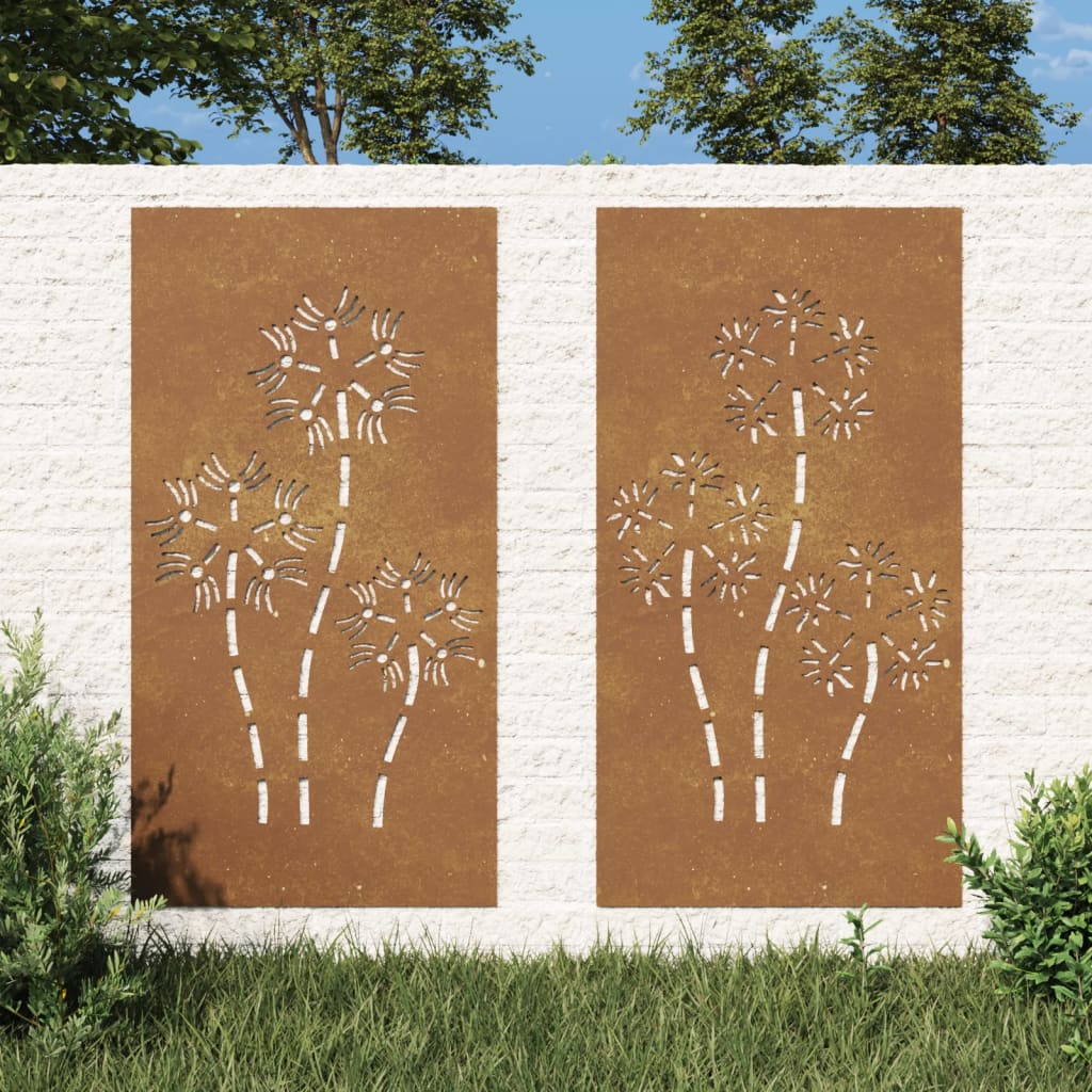 Vidaxl wanddecoratie tuin 2 st bloemenontwerp 105x55 cm cortenstaal