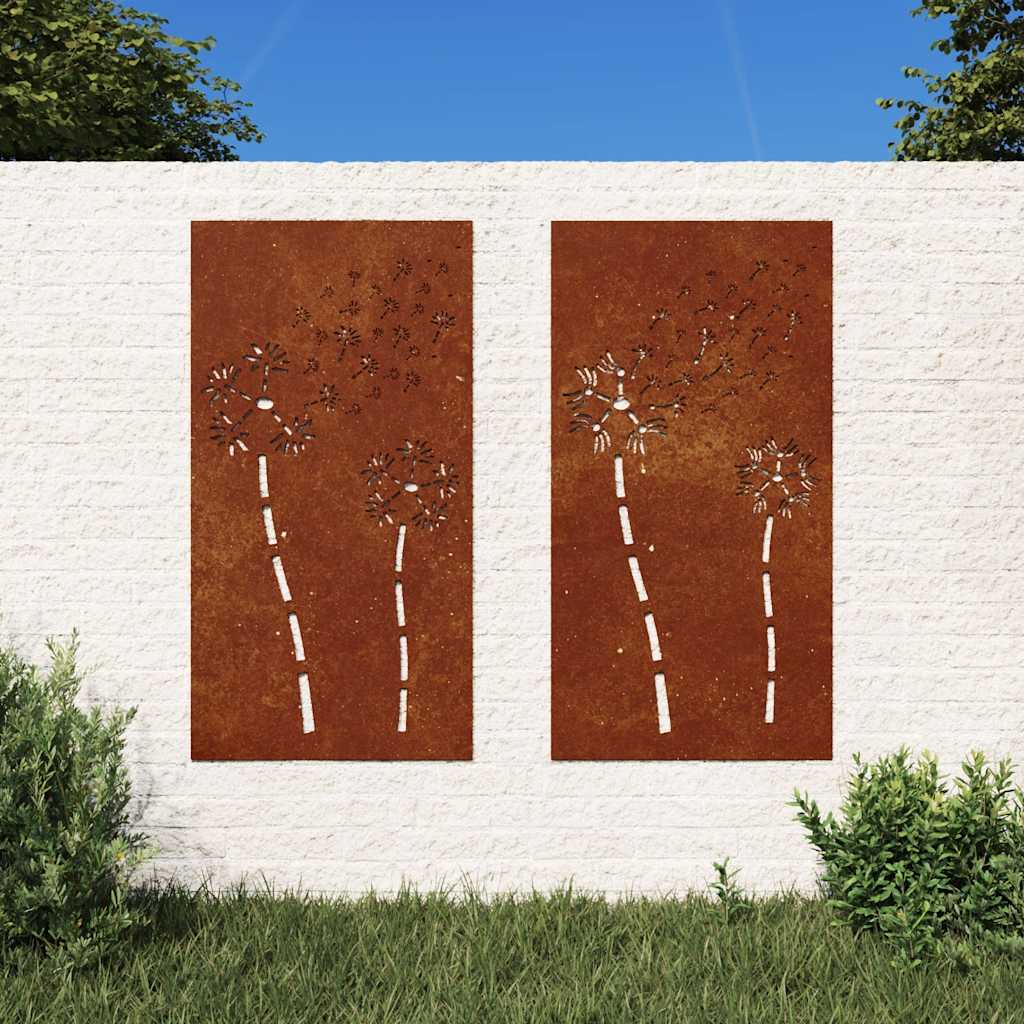 Vidaxl wanddecoratie tuin 2 st bloemenontwerp 105x55 cm cortenstaal