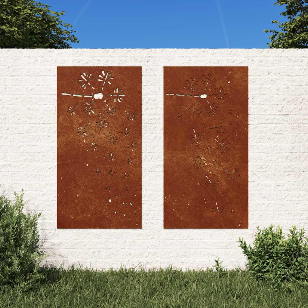 Vidaxxl decorazione murale giardino 2 pz disegno floreale 105x55 cm acciaio corten