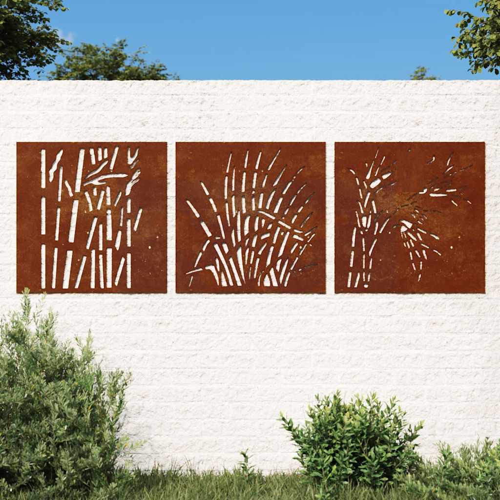Vidaxl wanddecoratie tuin 3 st grasontwerp 55x55 cm cortenstaal