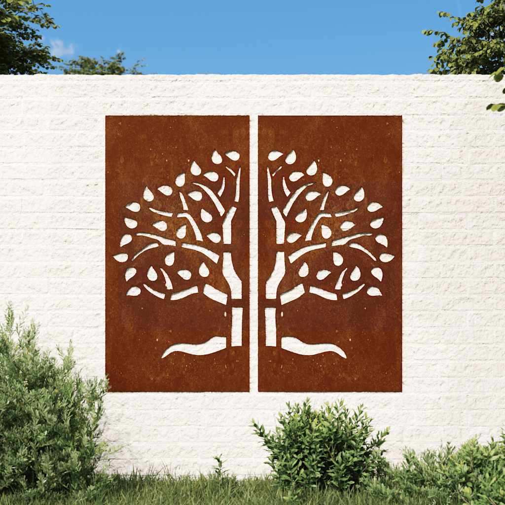 Vidaxl Decoración de la pared Jardín 2 ST Tree Design 105x55 cm Cortenstaal