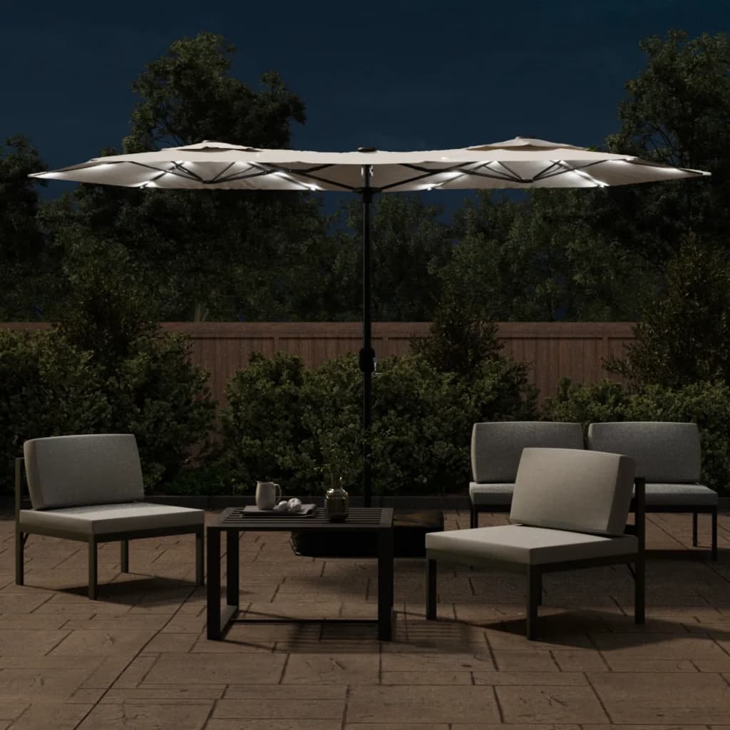 Vidaxl parasol dubbel dak met led 316x145 cm zandwit
