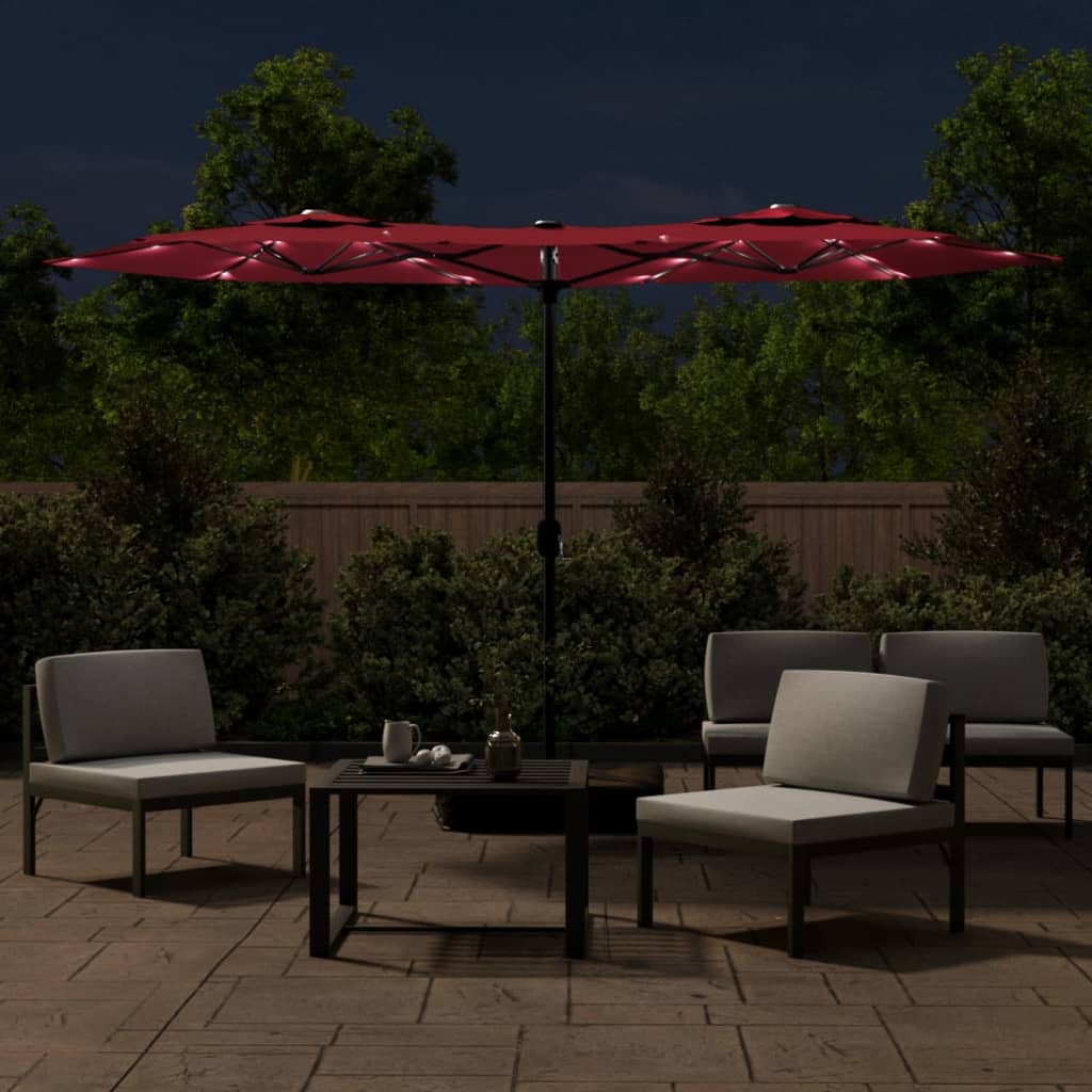 Vidaxl Parasol Techo doble con LED 316x240 cm Burdeos rojo