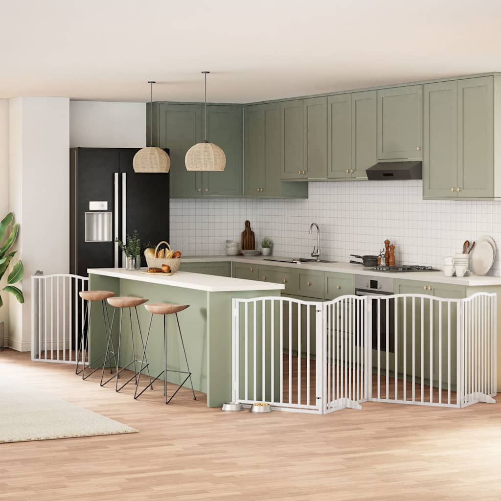 Cancello per cani pieghevole Vidaxx con porta 8 pannelli 640 cm in legno di pioppo bianco