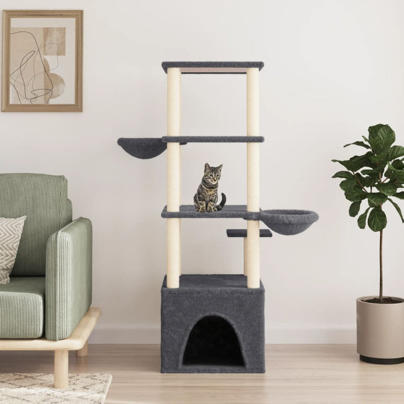 Muebles de gato de Vidaxl con postes de rascado de sisal 147 cm de gris oscuro
