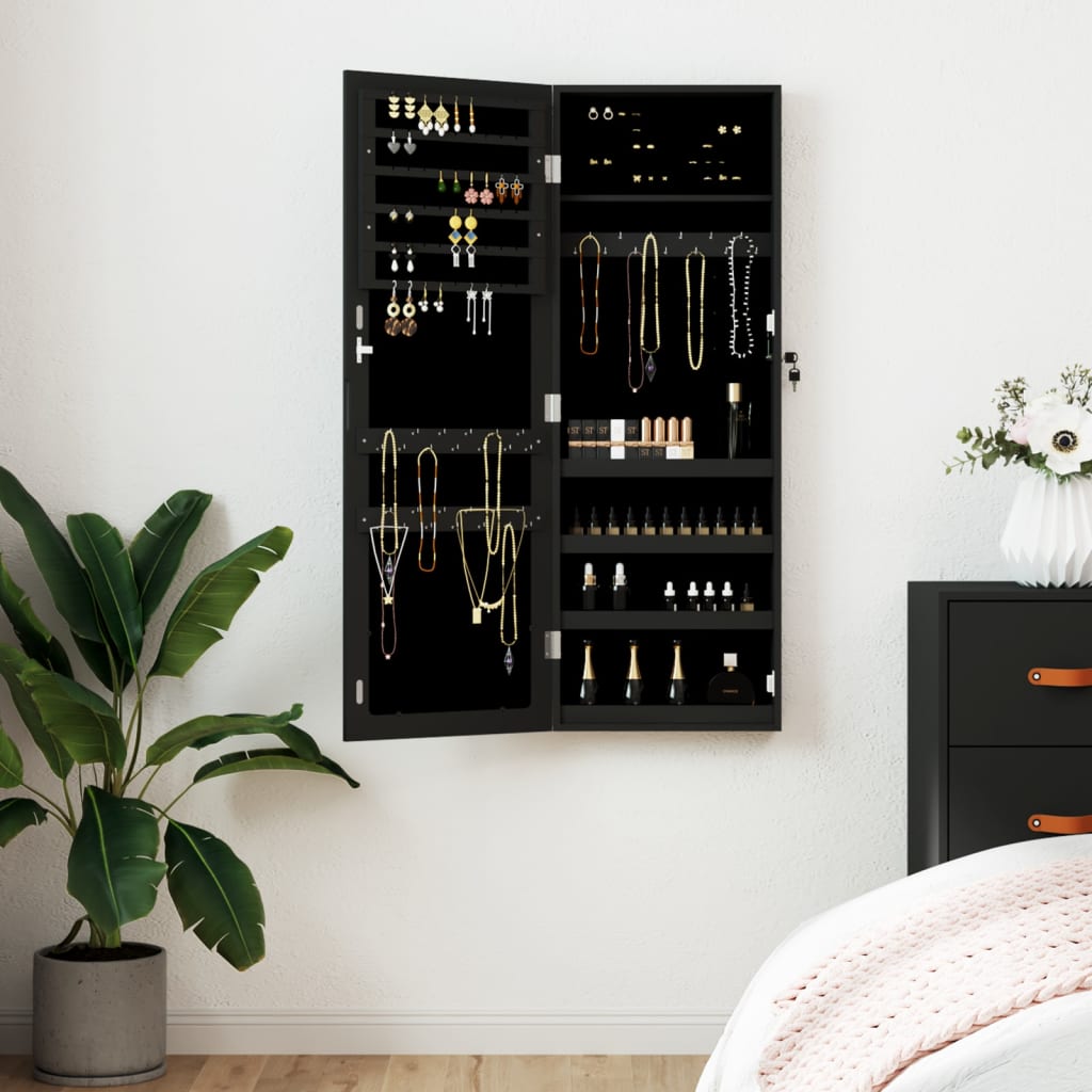 Armario de joyería Vidaxl con pared de espejo 37.5x10x106 cm negro