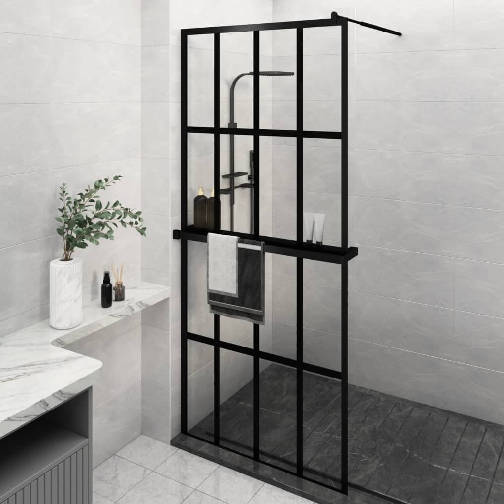 Vidaxl Walk-In Shower Wall con scaffale 100x195 cm ESG-Glas Alluminium nero
