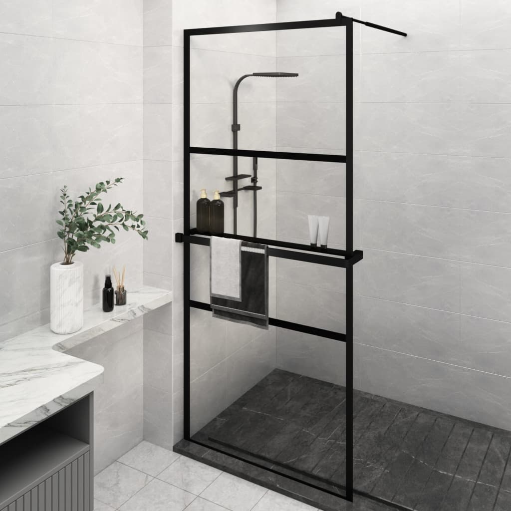 Muro de ducha Vidaxl con estante 100x195 cm ESG-GLAS Aluminio Negro