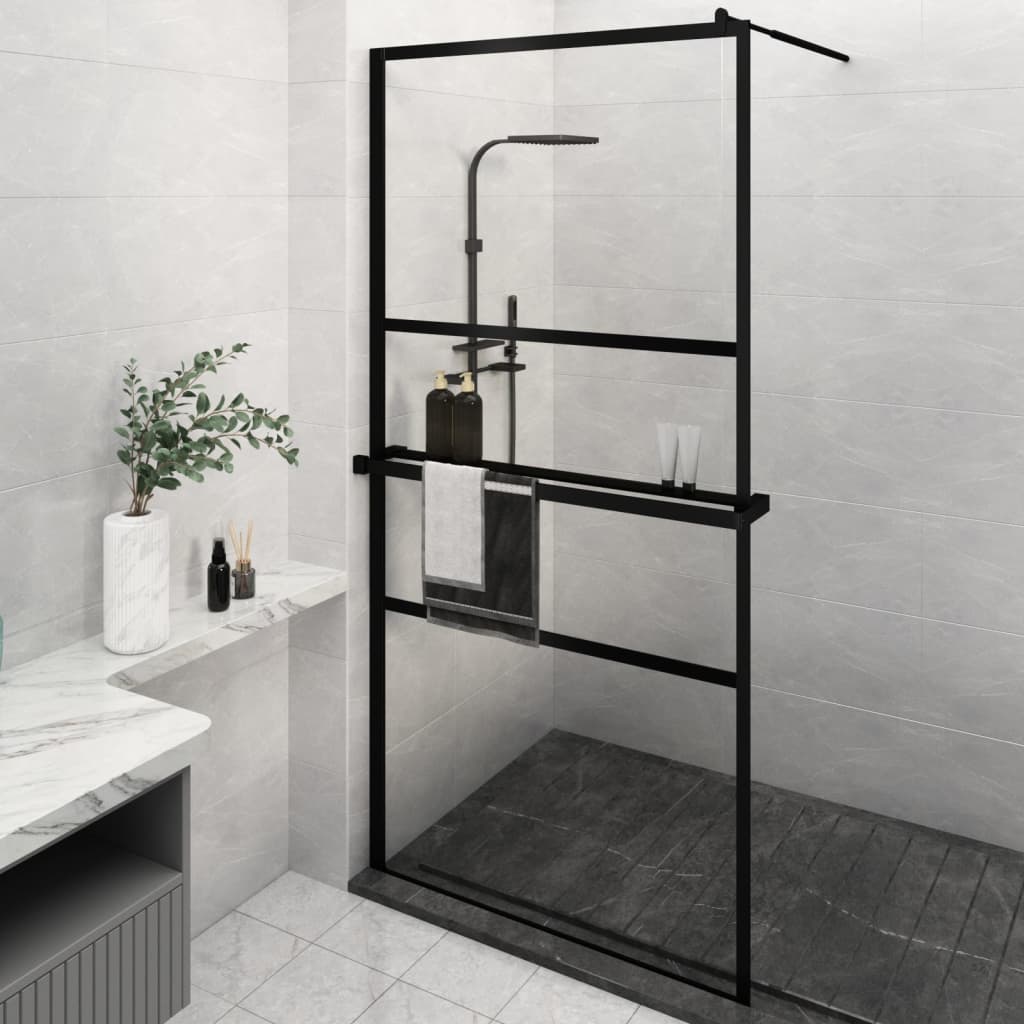 Vidaxl Walk-In Shower Wall con scaffale 115x195 cm ESG-Glas Alluminio nero