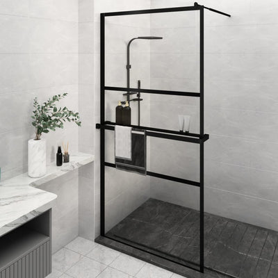 Vidaxl Walk-In Shower Wall con scaffale 115x195 cm ESG-Glas Alluminio nero