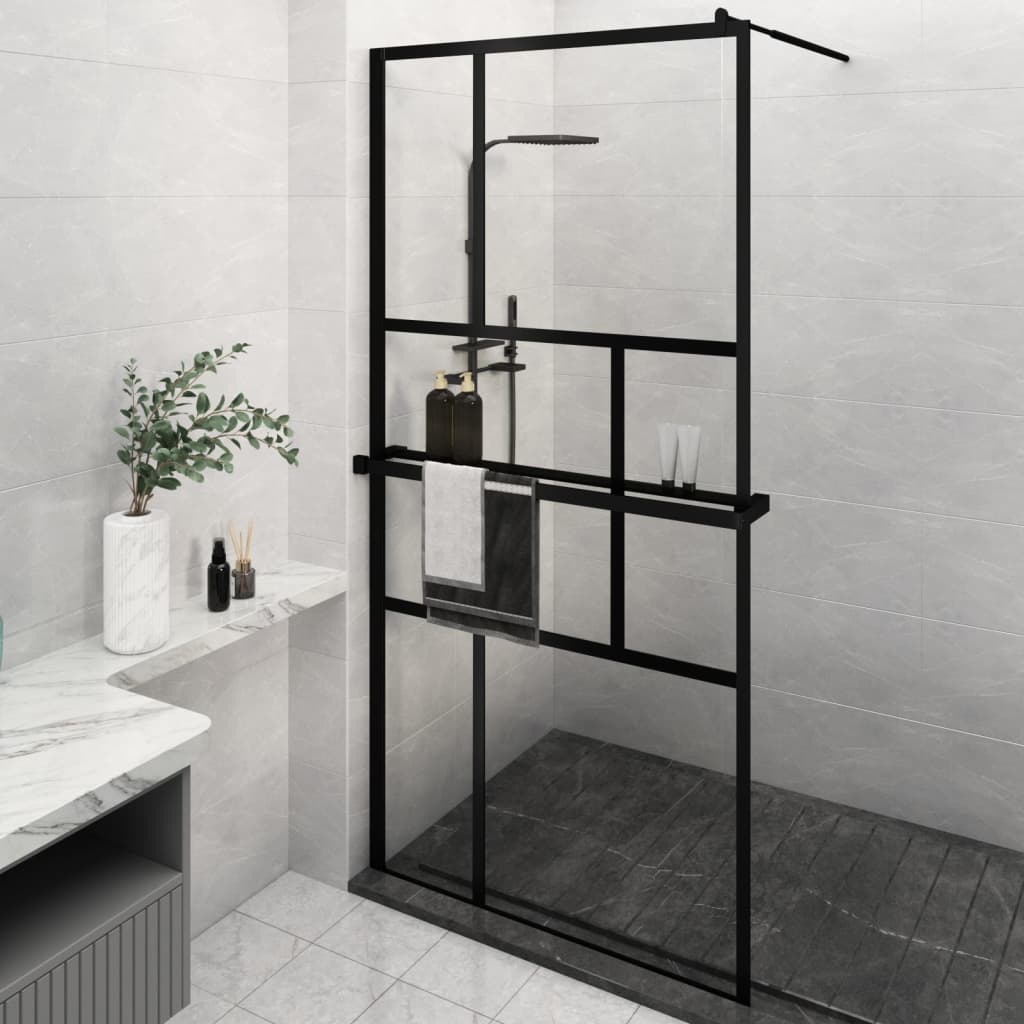 Vidaxl Walk-In Shower Wall con scaffale 115x195 cm ESG-Glas Alluminio nero