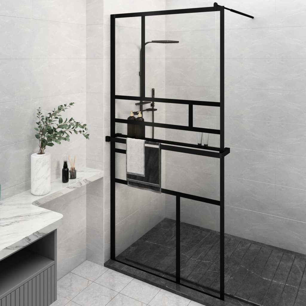 Muro de ducha Vidaxl con estante 115x195 cm ESG-GLAS Aluminio Negro