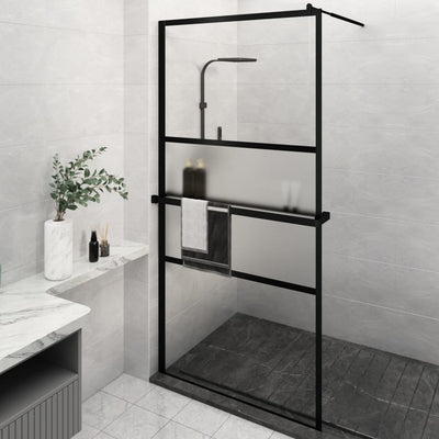 Vidaxl Walk-In Shower Wall con scaffale 115x195 cm ESG-Glas Alluminio nero