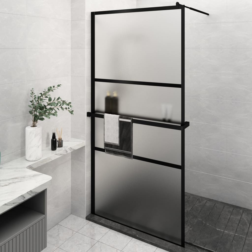 Vidaxl Walk-In Shower Wall con scaffale 115x195 cm ESG-Glas Alluminio nero