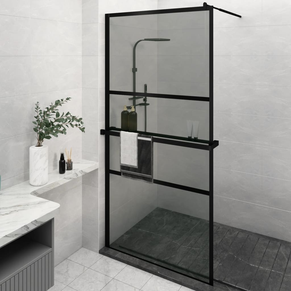 Vidaxl Walk-In Shower Wall con scaffale 115x195 cm ESG-Glas Alluminio nero