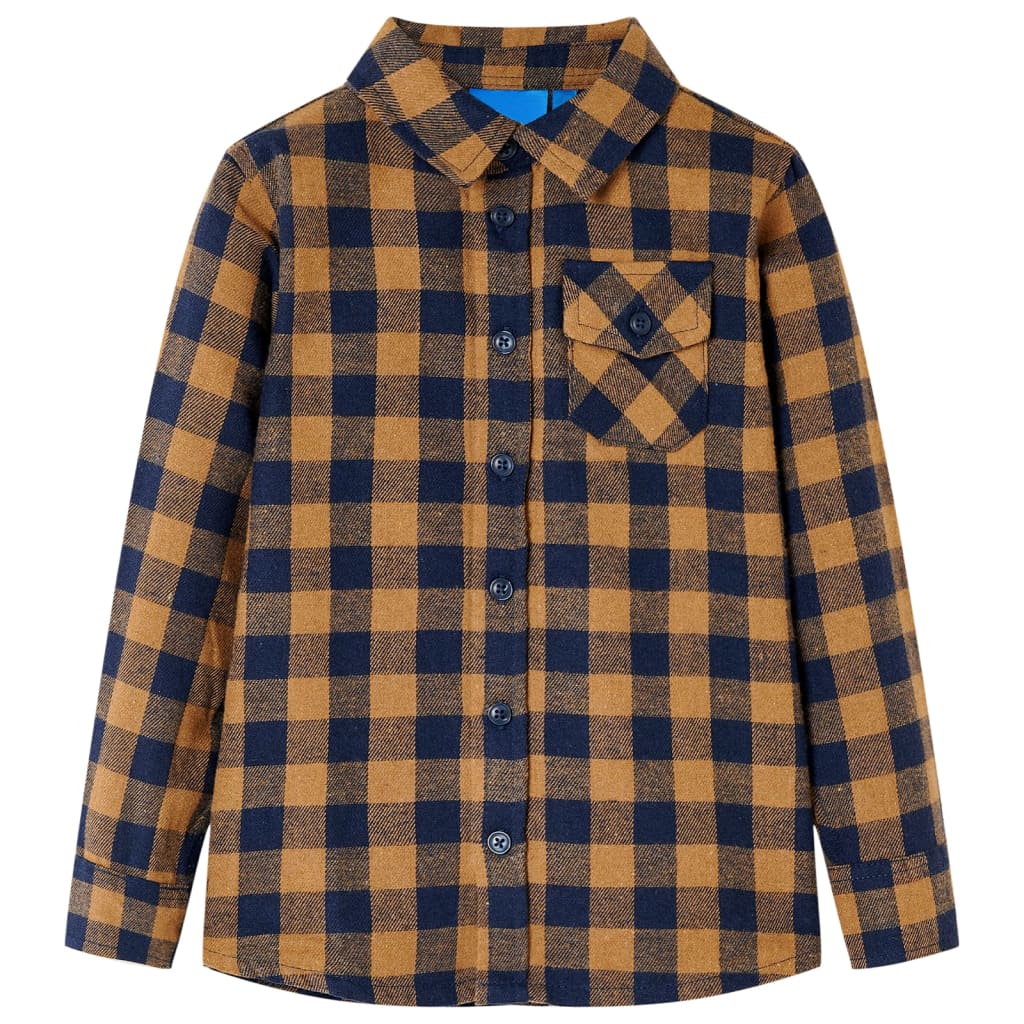 Vidaxl Camisa para niños a cuadros 104 Cognac de color y azul