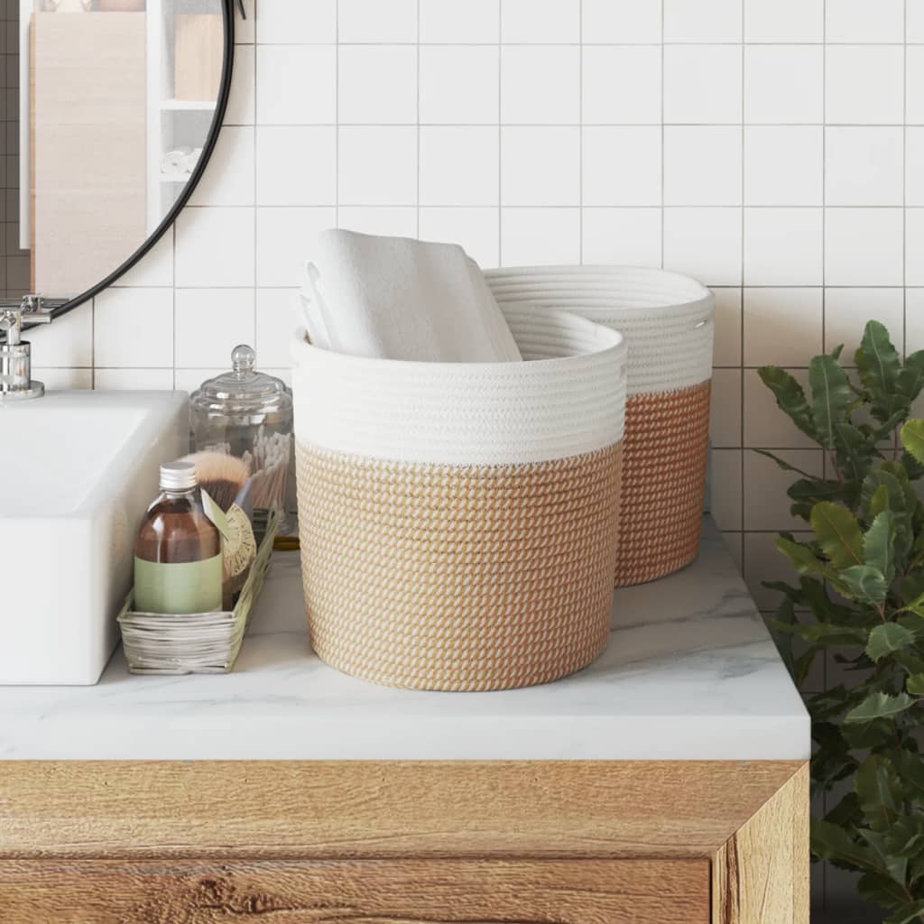 Cestas de almacenamiento de Vidaxl 2 sts Ø 28x28 cm de algodón marrón y blanco