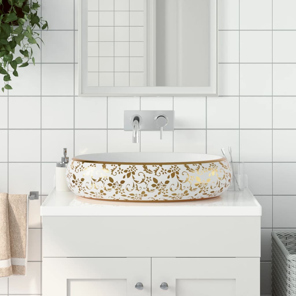 Vidaxl Straction Wasker Ovaal 59x40x15 cm Ceramico bianco e oro