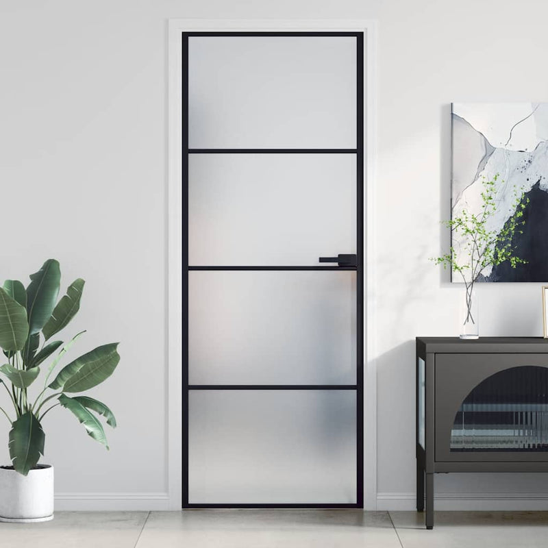 Vidaxl puerta interior estrecha 76x201.5 cm de vidrio endurecido y negro de aluminio