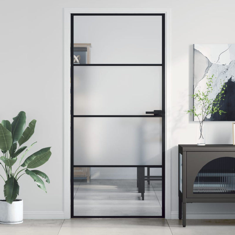 Vidaxl Porta interna stretta 93x201,5 cm in vetro indurito e nero in alluminio