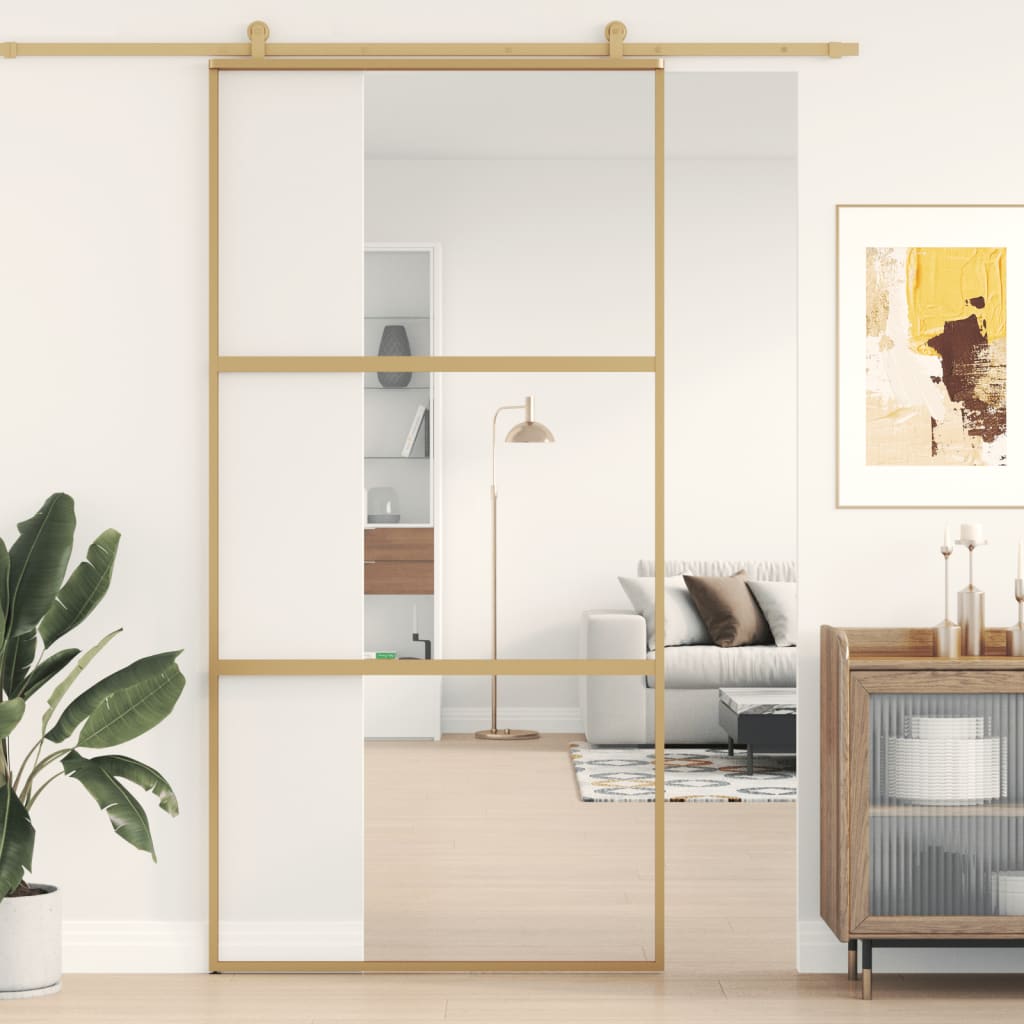 Puerta corredera Vidaxl 102.5x205 cm de vidrio ESG transparente y color de oro de aluminio