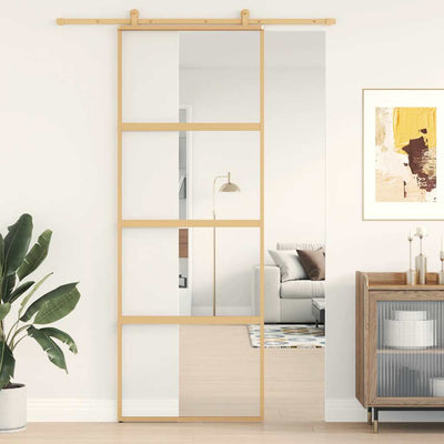 Puerta corredera Vidaxl 76x205 cm de vidrio ESG transparente y color de oro de aluminio