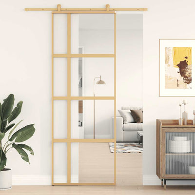 Puerta corredera Vidaxl 76x205 cm de vidrio ESG transparente y color de oro de aluminio