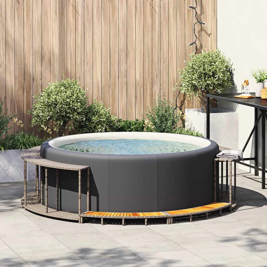 Espacio de almacenamiento reconvertido para jacuzzi VidaXL y escalón de madera polirratán gris