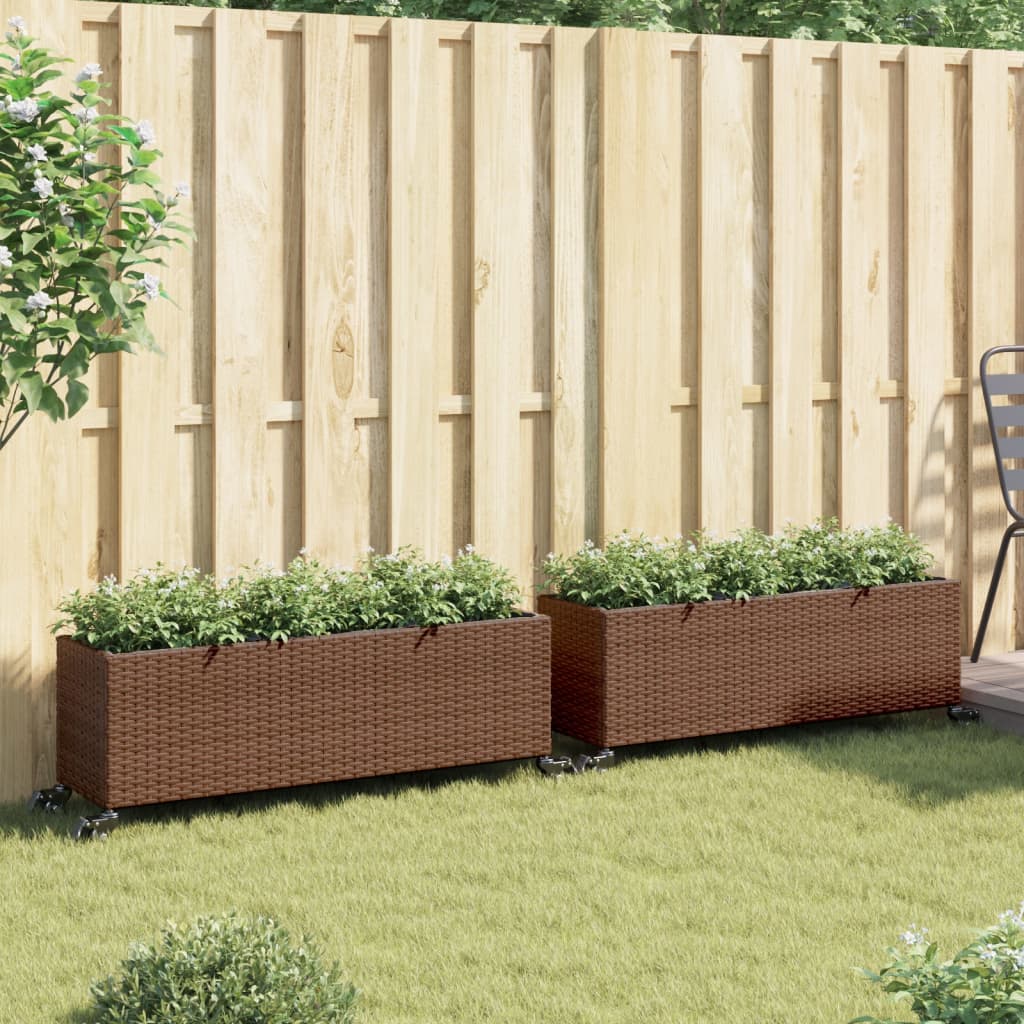 Vidaxx jardineras con ruedas 2 piezas 107x32x38 cm polirratán marrón