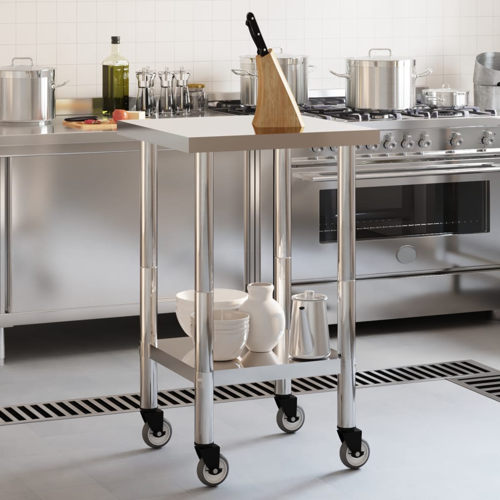 Mesa de trabajo de cocina Vidaxl con ruedas 55x55x85 cm de acero inoxidable