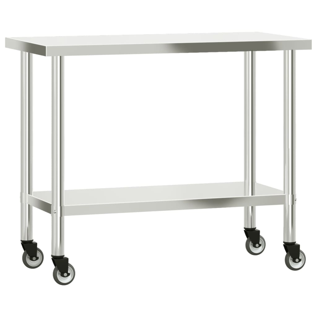 Vidaxl tavolo da cucina con ruote 110x55x85 cm in acciaio inossidabile