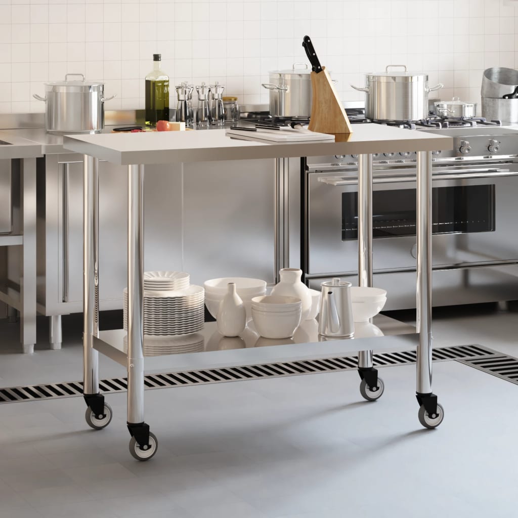 Vidaxl tavolo da cucina con ruote 110x55x85 cm in acciaio inossidabile
