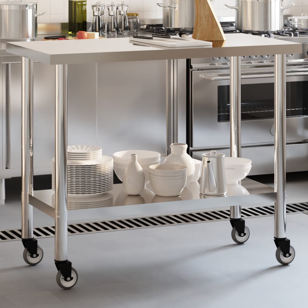 Vidaxl tavolo da cucina con ruote 110x55x85 cm in acciaio inossidabile