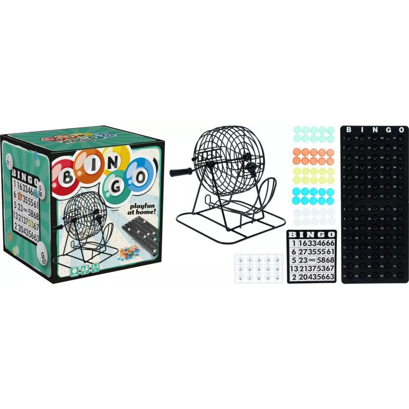 Bobina da bingo nera con tabellone da gioco, carte da bingo e fiches