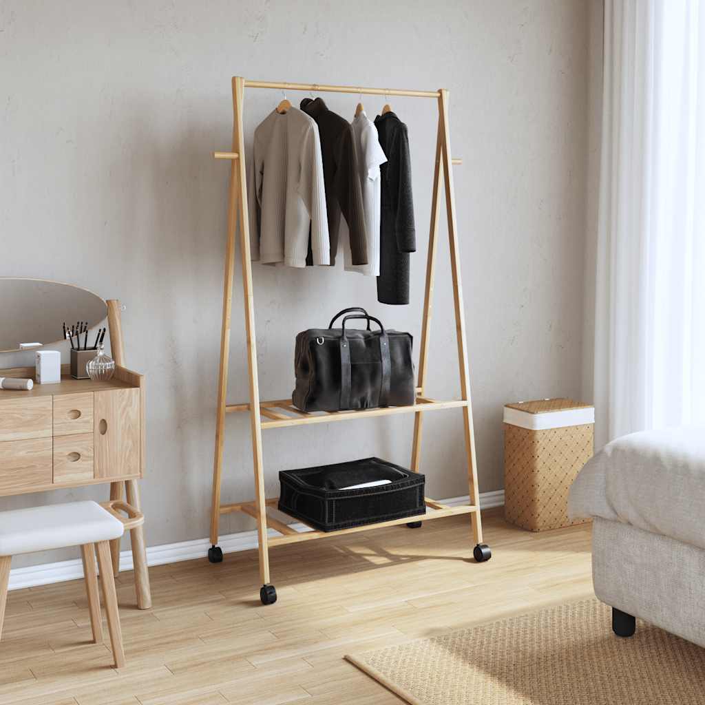 Pianto di abbigliamento Vidaxl con ripiani e ruote 96x45.5x155.5 cm in bambù