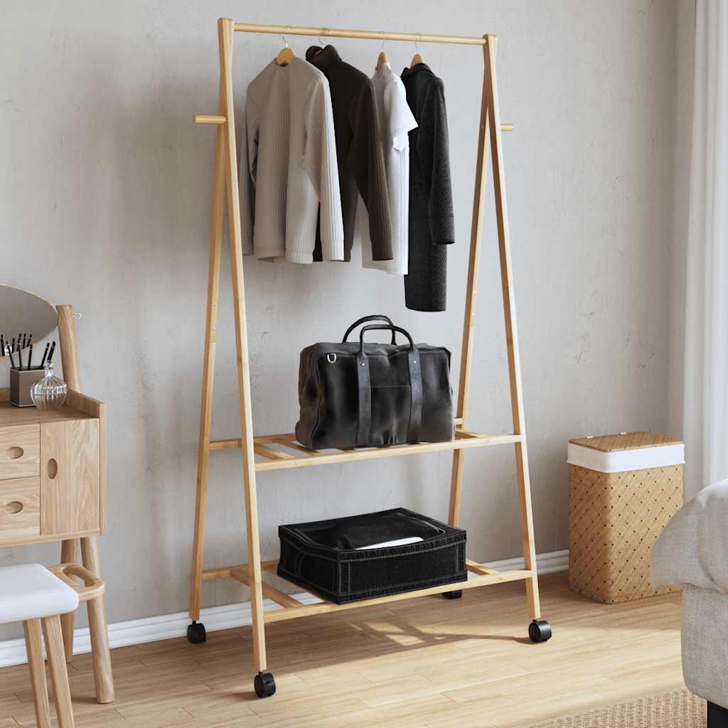 Pianto di abbigliamento Vidaxl con ripiani e ruote 96x45.5x155.5 cm in bambù