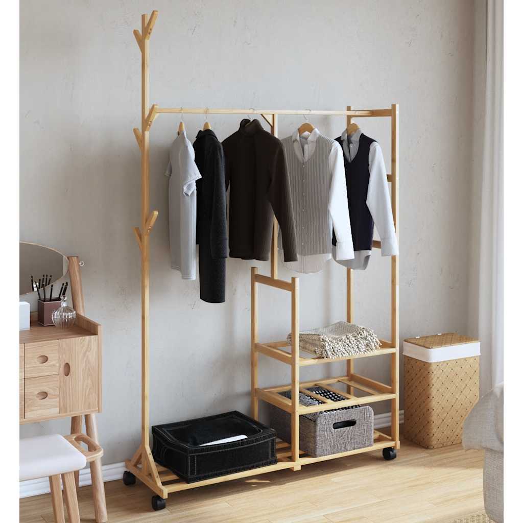 Rastrello per abbigliamento vidaxl con ripiani e ruote 100x38x175.5 cm bambù