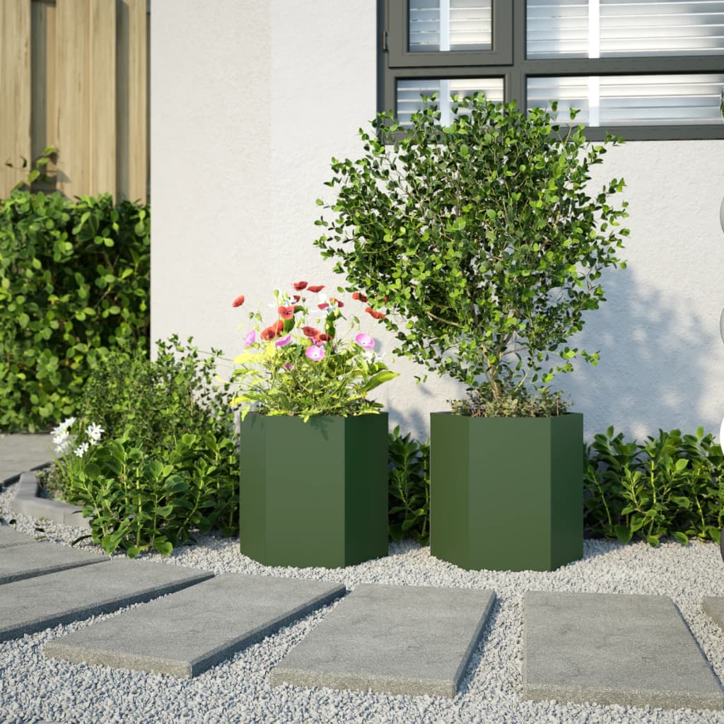 Plantadores Vidaxl 2 St Hexagon 46x40x45 cm de oliva de acero verde